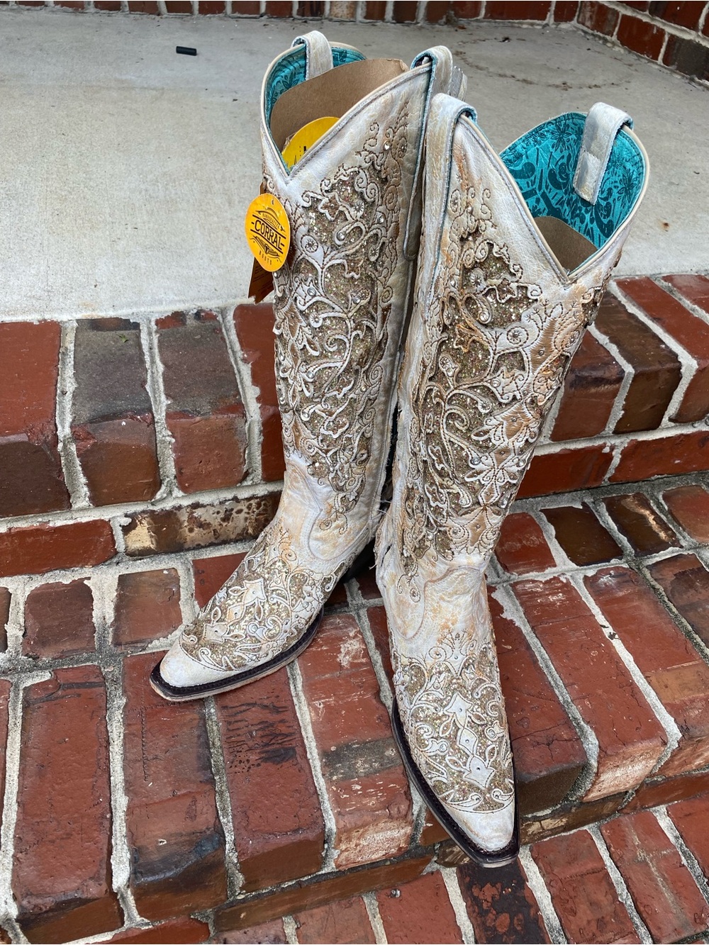 Embroidered Cream Western Heeled Boots with Turquoise Lining
